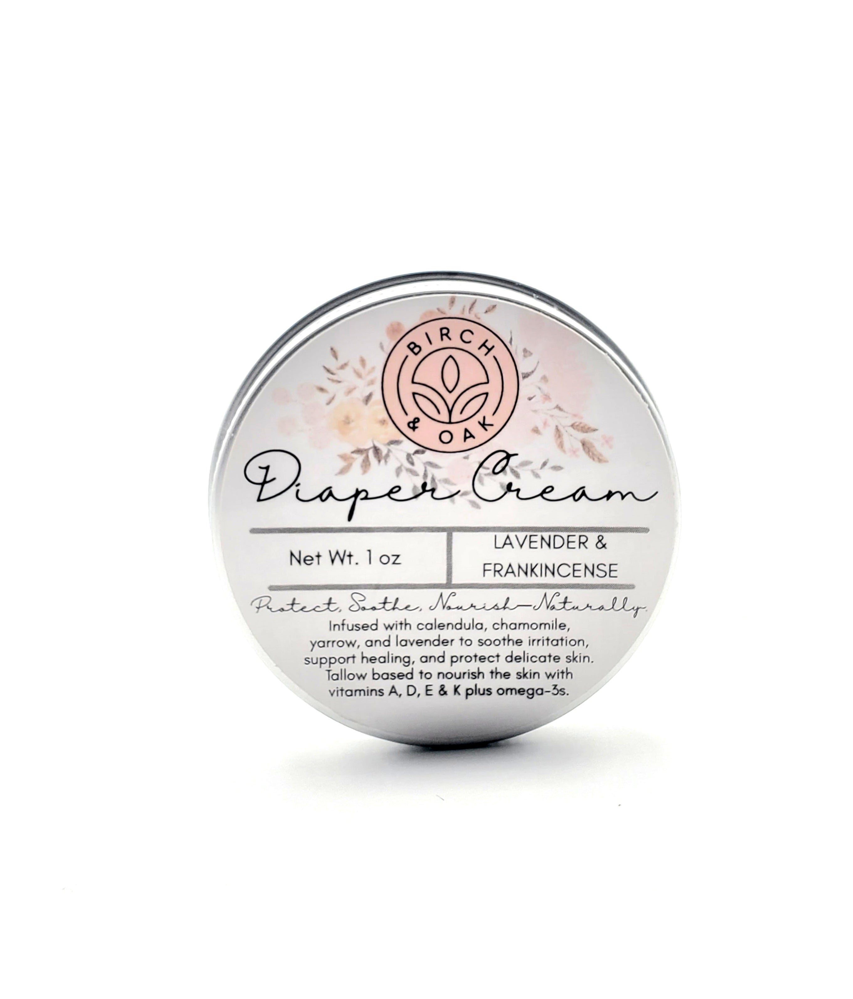 Diaper cream tin labeled 'Birch + Oak' on a white background